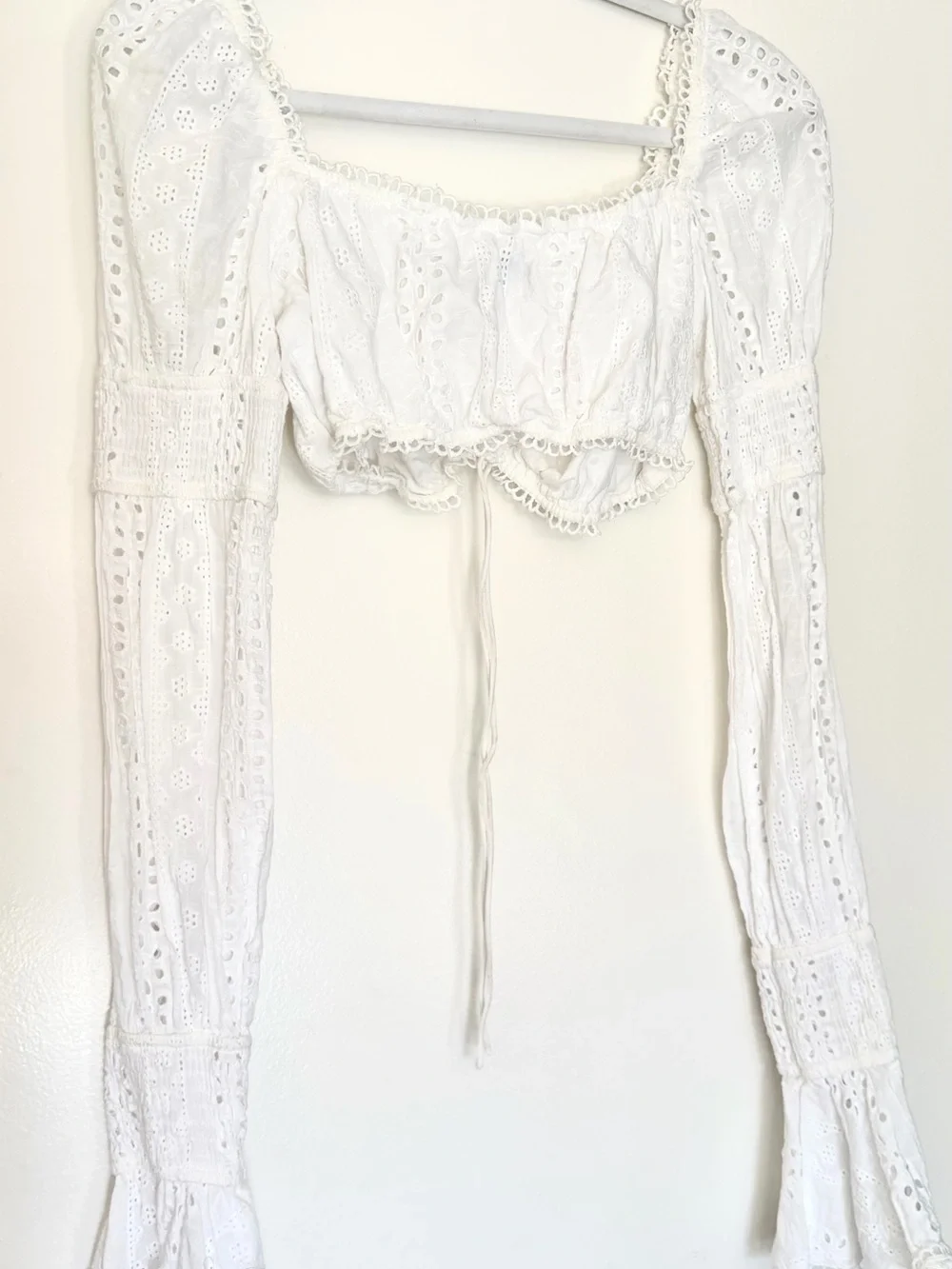 Free People White Eyelet Puff-Sleeve Cropped Top